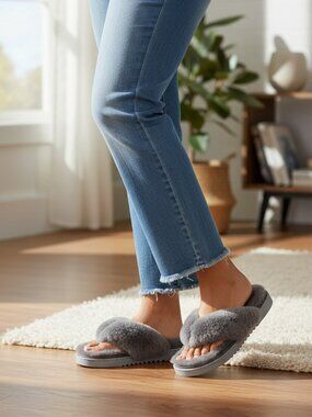NEW Fireside by Dearfoams Women's Auburn Shearling Thong Grey Slippers SZ 9